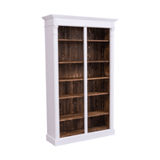 Klasszikus stílusú, kétosztatú tömör fenyőfa könyvesszekrény. Fehér és pácolt natúr színű.