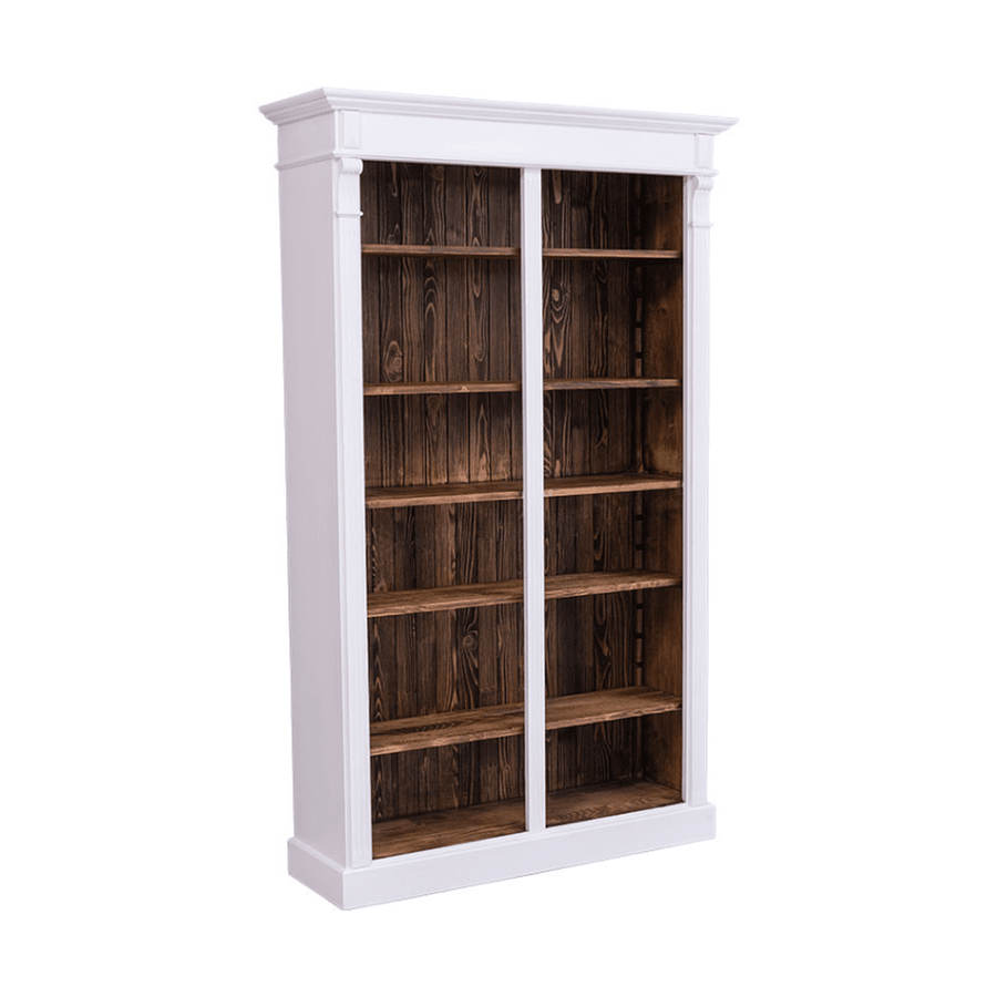 Klasszikus stílusú, kétosztatú tömör fenyőfa könyvesszekrény. Fehér és pácolt natúr színű.