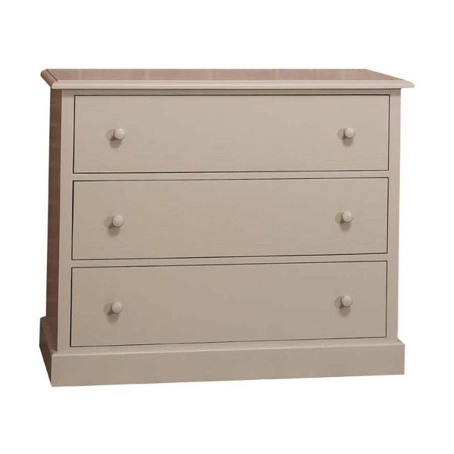 Fenyőfából készült, festett, bézs színű három fiókos komód.