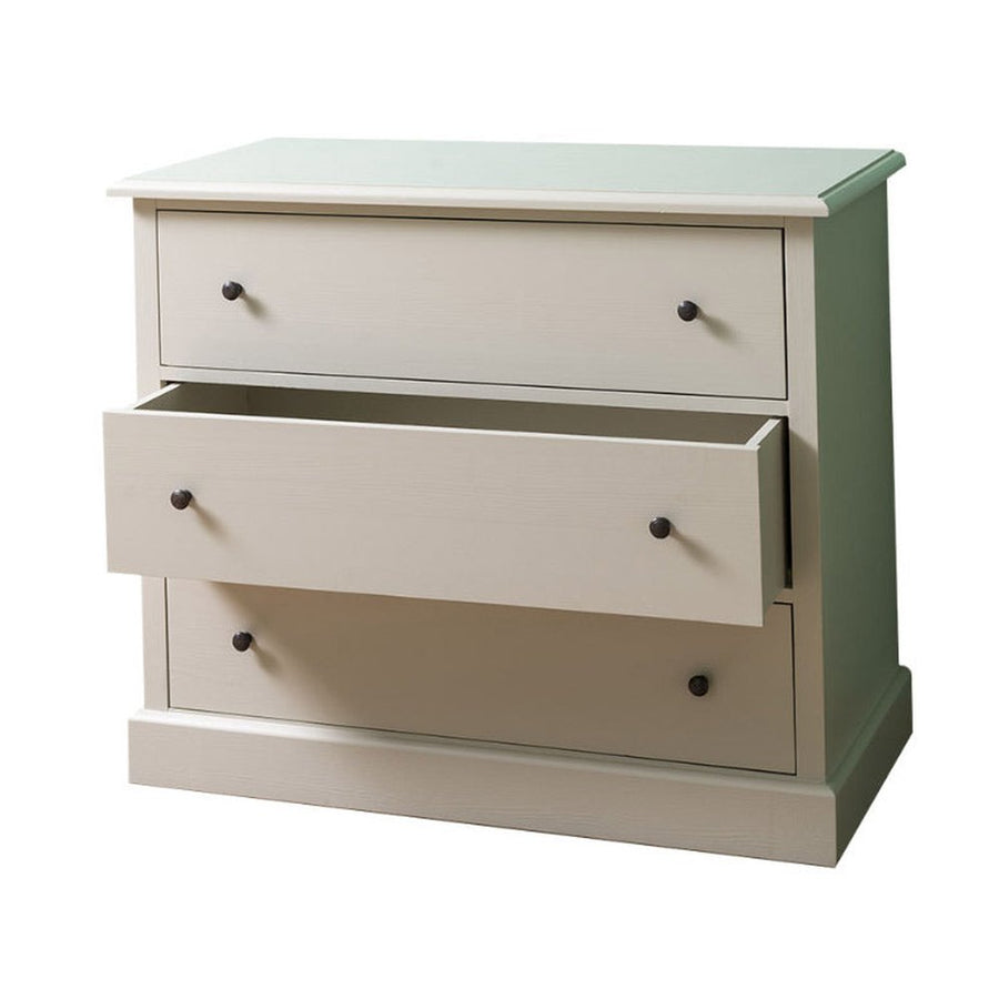 Fenyőfából készült, festett, fehér színű három fiókos komód.