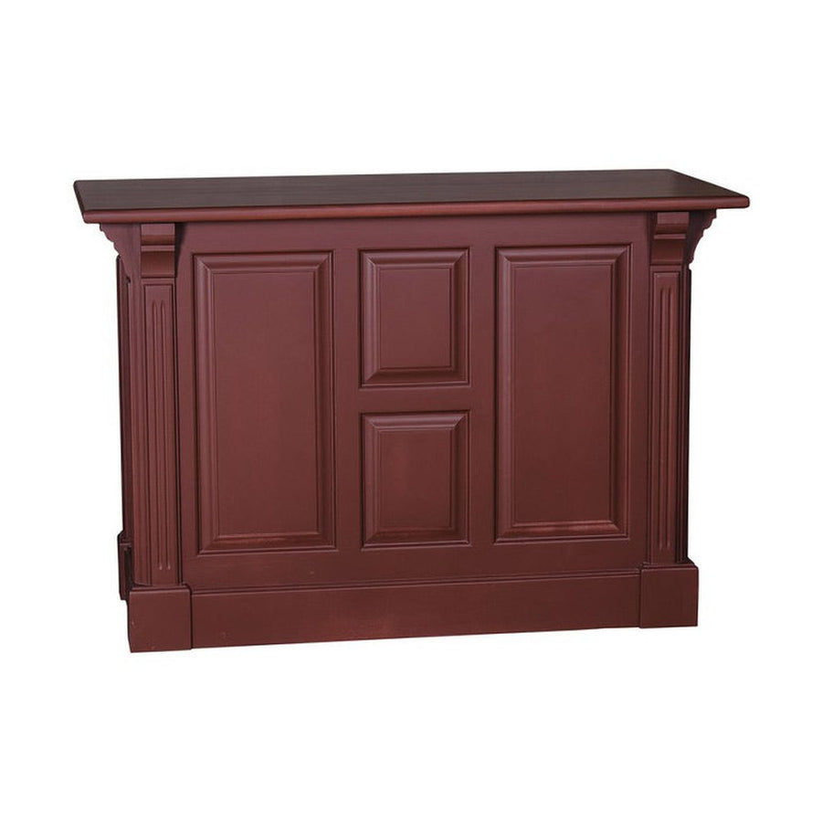 Fenyőfa bárpult dekoratív, kazettás jellegű dekorációval. Színe: bordó.