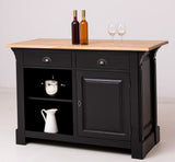 Fenyőfából készült, fekete színű bárpult natúr színű tölgyfa fedlappal.