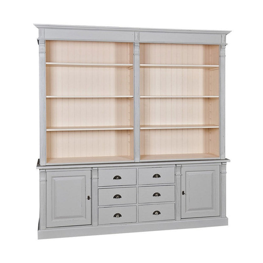 Antikolt szürke, és krémszínű, klasszikus stílusú nagyméretű tömör fenyőfa könyvszekrény