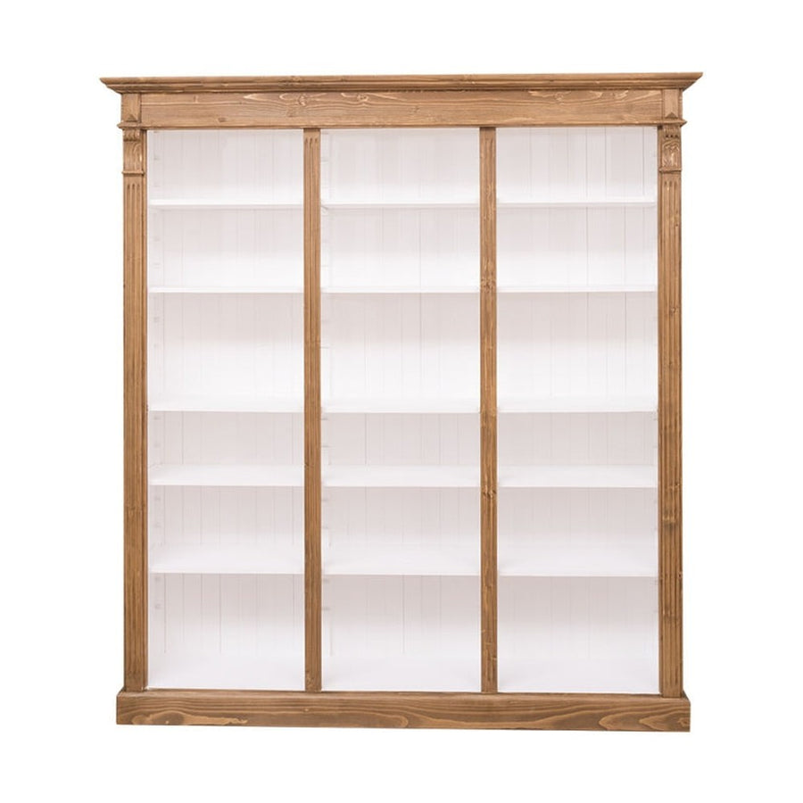 Klasszikus stílusú, háromosztatú fenyő könyvszekrény, állítható polcokkal. Színe natúr és fehér.