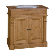 Klasszikus stílusú, fenyőfából készült, natúr, pácolt színű mosdószekrény.