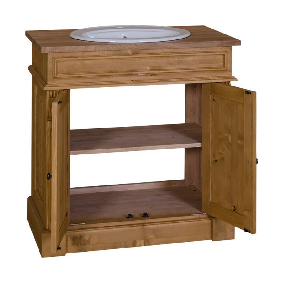 Klasszikus stílusú, fenyőfából készült, natúr, pácolt színű mosdószekrény.