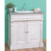 Klasszikus stílusú, fenyőfából készült, fehér és szürke színű mosdószekrény.