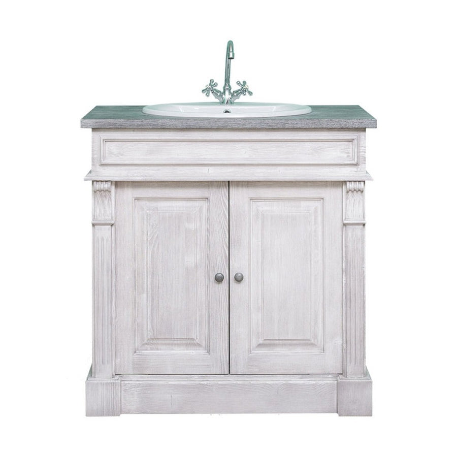 Klasszikus stílusú, fenyőfából készült, fehér és szürke színű mosdószekrény.