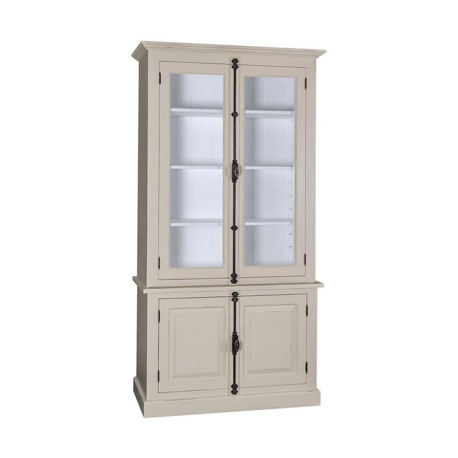 Fenyőfából készült vitrines könyvszekrény. Festett, krémszínű és fehér.