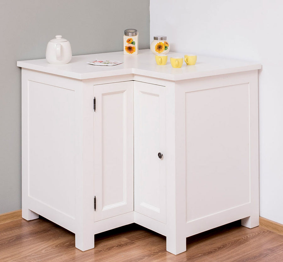 Fehér színű, fenyőfa konyhaszekrény sarokelem.