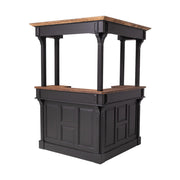 Sarok bárpult fenyőfából, tölgyfa pultfelülettel. Csokoládébarna színű oldalak, natúr pultrész.