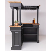 Sarok bárpult fenyőfából, tölgyfa pultfelülettel. Csokoládébarna színű oldalak, natúr pultrész.