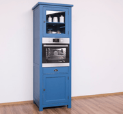Country stílusú, kék színű háromosztatú konyhaszekrény beépíthető sütőnek kialakított hellyel.