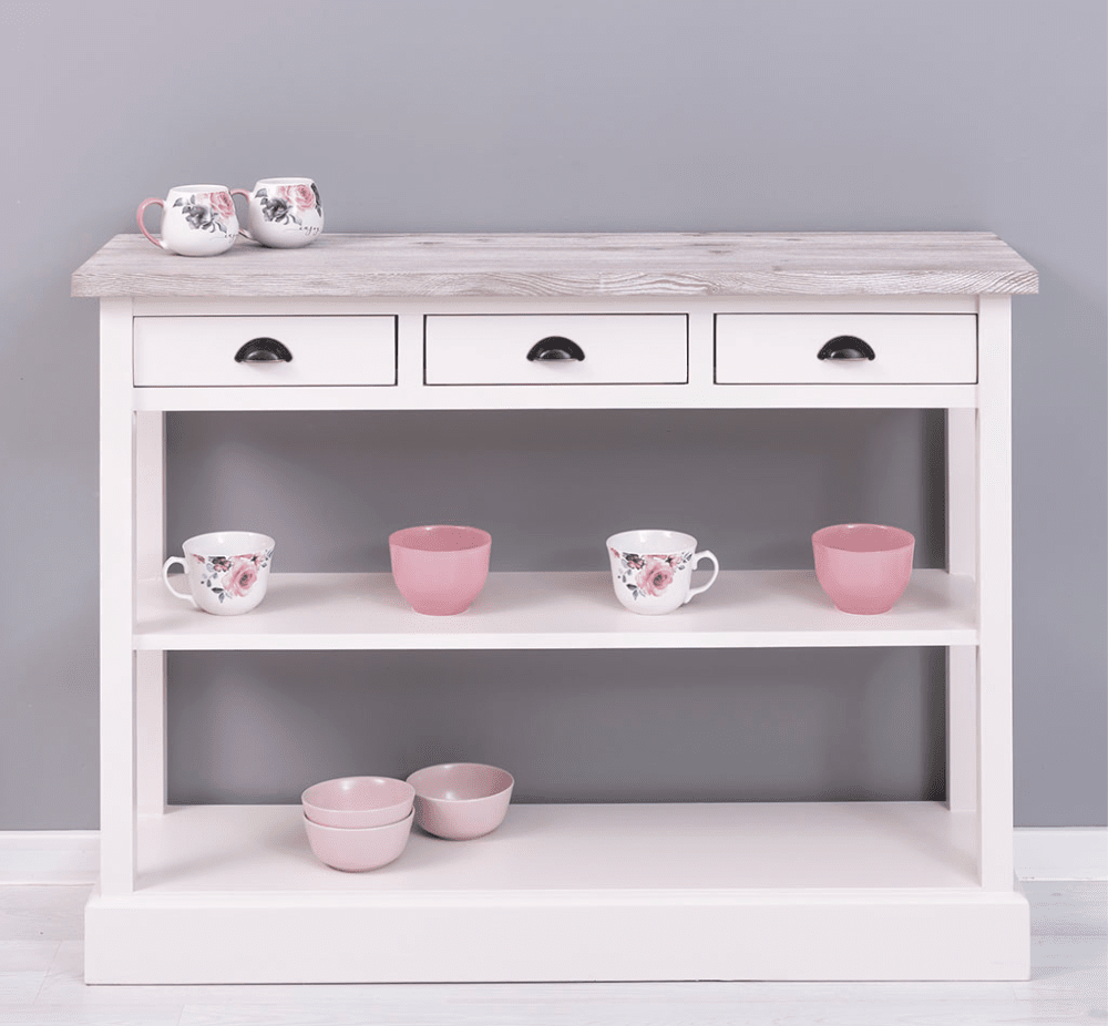 MAISON fenyőfa konyhai konzolasztal tölgyfalappal 120 cm