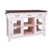 Country stílusú konyhasziget tölgyfa munkalappal. A tárolást hat fiók, két üveges és egy nyitott tároló segíti. Színe: törtfehér, baracksrága és barna..