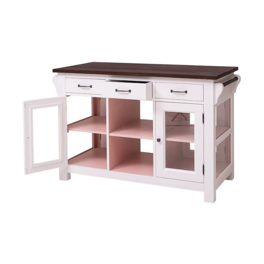 Country stílusú konyhasziget tölgyfa munkalappal. A tárolást hat fiók, két üveges és egy nyitott tároló segíti. Színe: törtfehér, baracksrága és barna..