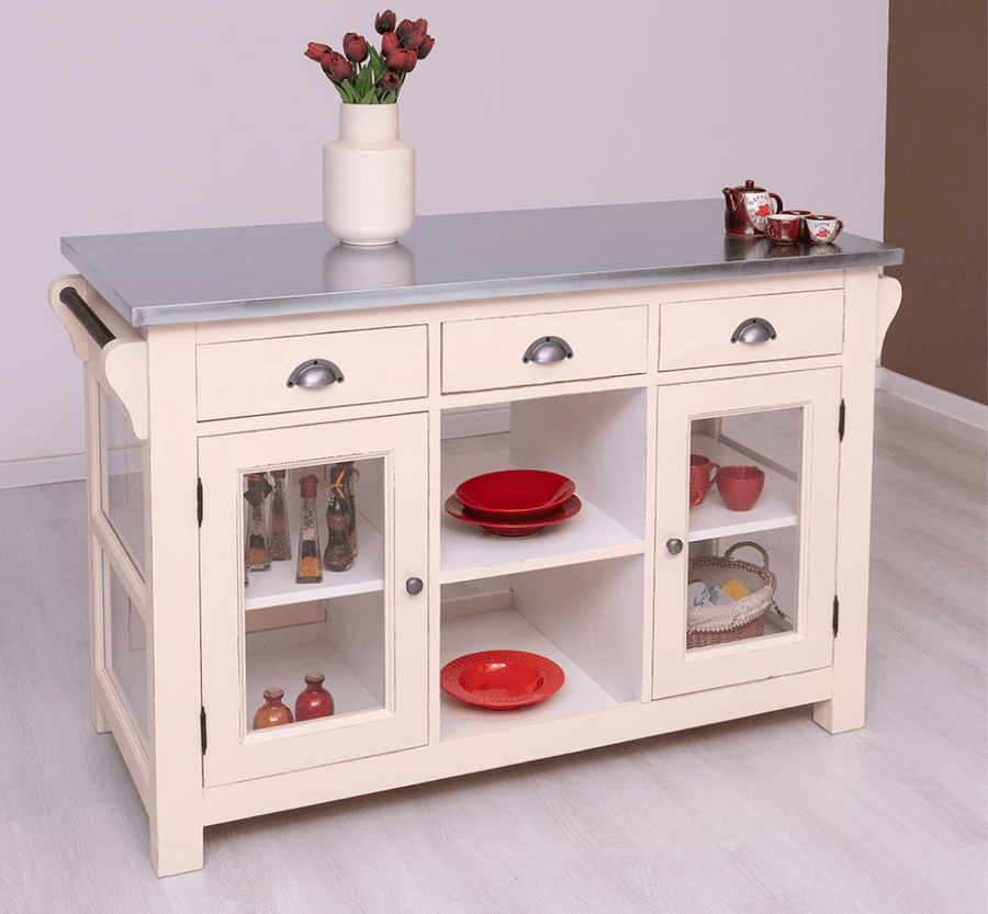 Country stílusú konyhasziget cinklap borítással. A tárolásról hat fiók, két üveges és egy nyitott tároló gondoskodik. Szine: antikolt krém.