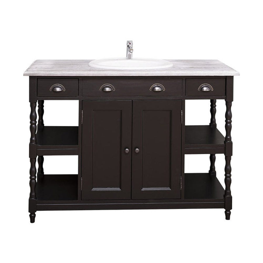 Fenyőfa mosdószekrény tölgyfalappal, klasszicizálió faragással a lábain. Színe fekete és világosszürke.