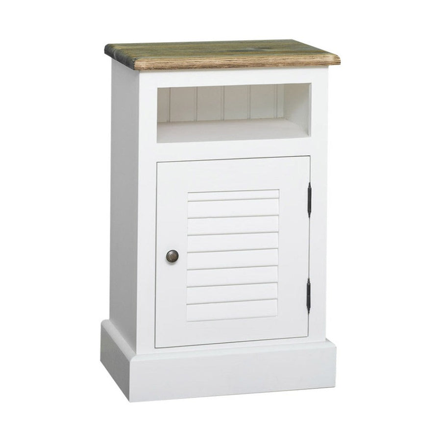 Klasszikus stílusú, antikolt fehér színű éjjeliszekrény natúr színű tölgy fedlappal, zsalugáteres ajtóval.