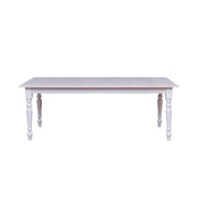 Vidéki stílusú, fehér színű, tömör fenyőfából készült étkezőasztal, szürke, olajozott tölgy fedalappal.