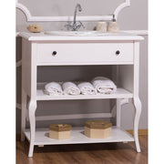 Klasszikus stílusú, fehér színű mosdószekrény.