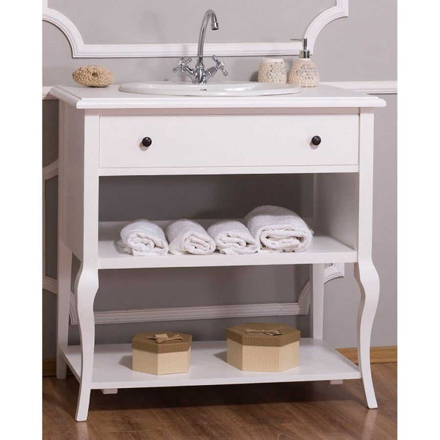 Klasszikus stílusú, fehér színű mosdószekrény.