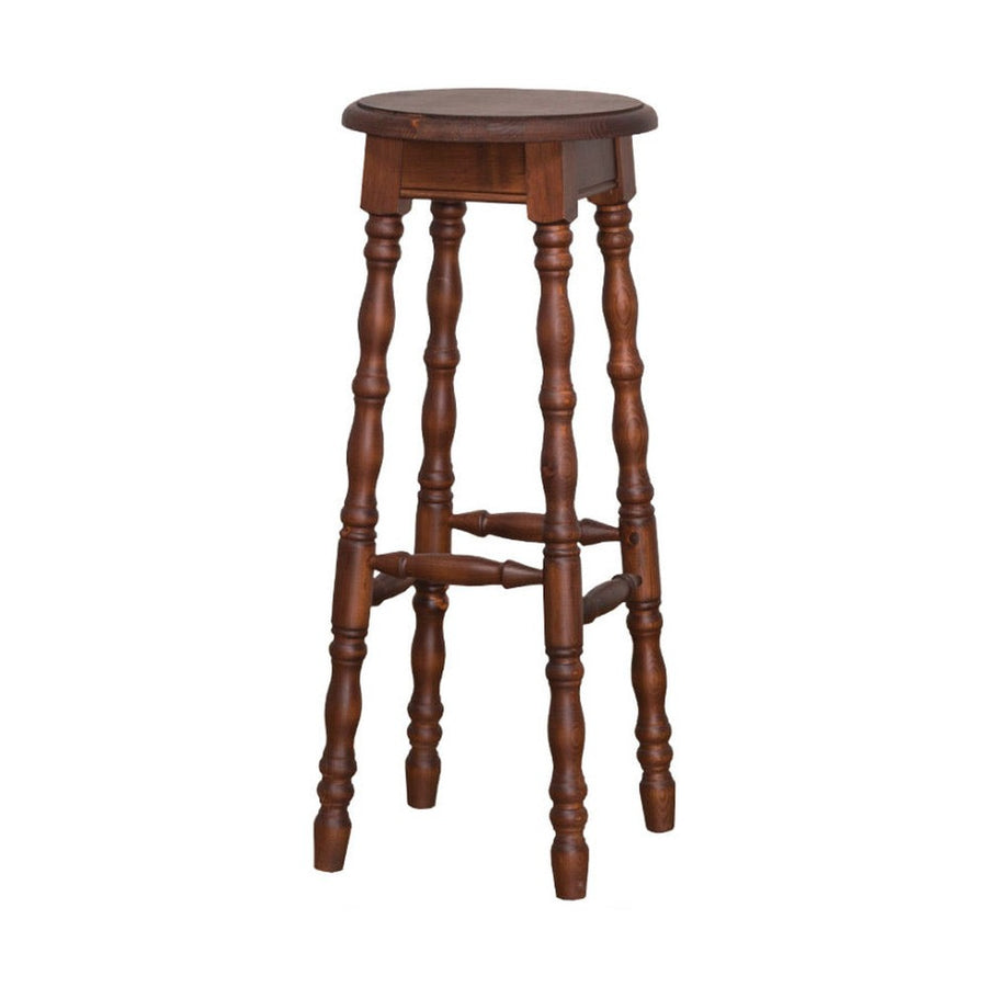 Klasszikus, kerek ülőfelülettel rendelkező, 82 cm magas bárszék dekoratív, faragott lábakkal.