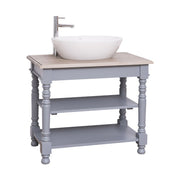 Világosszürke fenyő mosdószekrény, natúr színű tölgyfa lappal, két nyitott polccal.