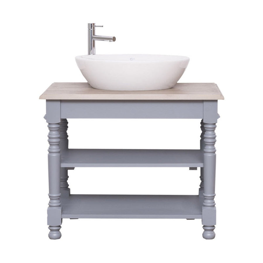 Világosszürke fenyő mosdószekrény, natúr színű tölgyfa lappal, két nyitott polccal.