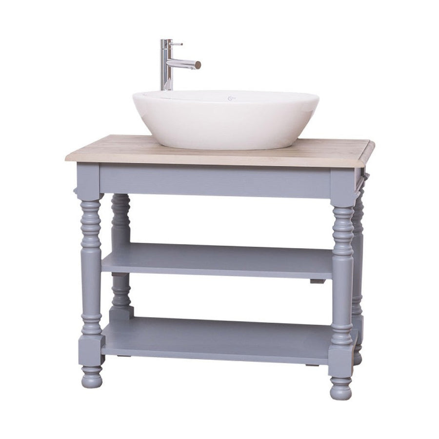 Világosszürke fenyő mosdószekrény, natúr színű tölgyfa lappal, két nyitott polccal.