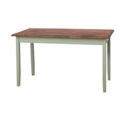 Vidéki stílusú, zöld színű, tömör fenyőfából készült étkezőasztal, barna, olajozott tölgy fedalappal.