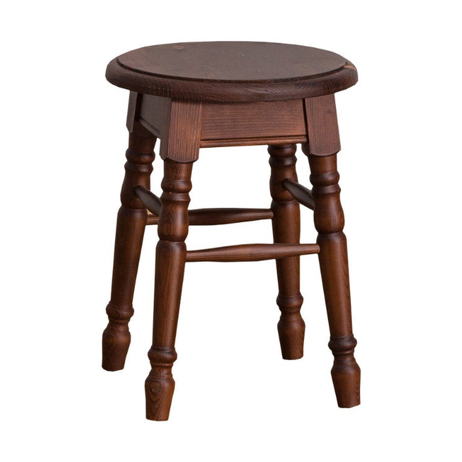 Klasszikus, kerek ülőfelülettel rendelkező hokedli, dekoratív, faragott lábakkal.