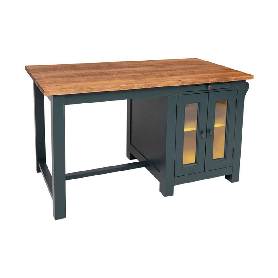 Fenyőfából készült, klasszikus konyhasziget reggelizőpulttal. Fedlap natúr, falak sötét türkizkék, belseje sárga.