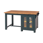 Fenyőfából készült, klasszikus konyhasziget reggelizőpulttal. Fedlap natúr, falak sötét türkizkék, belseje sárga.