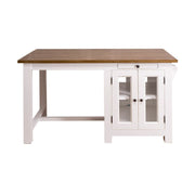 Vidéki stílusú, tömör fenyőből készült, fehér színű konyhasziget reggelizőpulttal és natúr színű pácolt fedlappal.