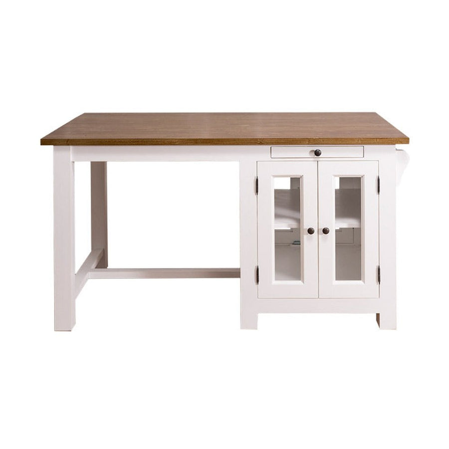 Vidéki stílusú, tömör fenyőből készült, fehér színű konyhasziget reggelizőpulttal és natúr színű pácolt fedlappal.