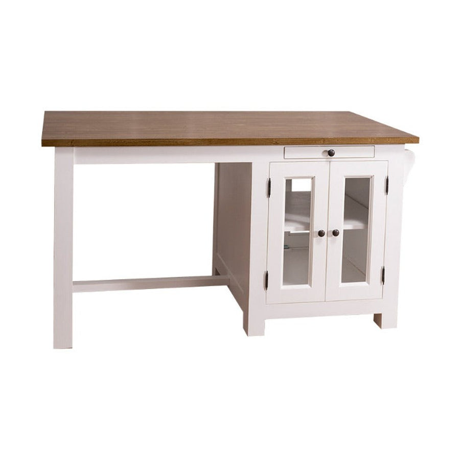 Vidéki stílusú, tömör fenyőből készült, fehér színű konyhasziget reggelizőpulttal és natúr színű pácolt fedlappal.