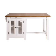 Vidéki stílusú, tömör fenyőből készült, fehér színű konyhasziget reggelizőpulttal és natúr színű pácolt fedlappal.