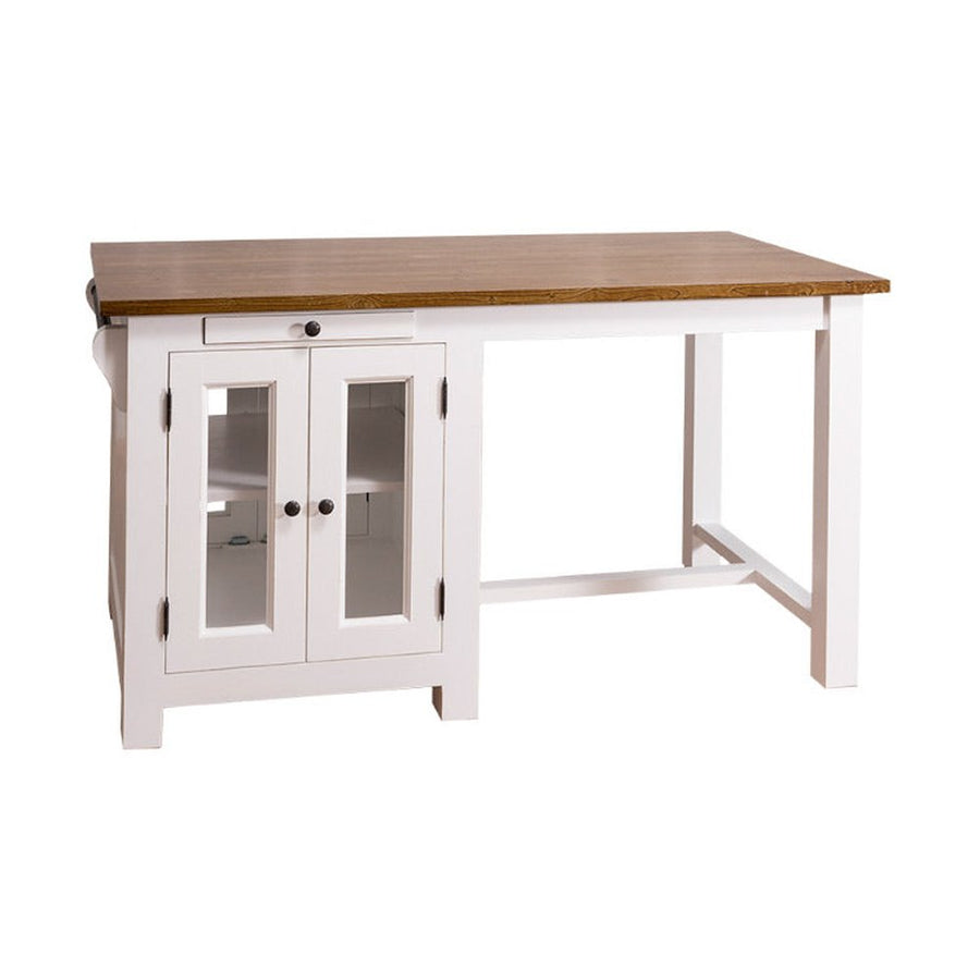 Vidéki stílusú, tömör fenyőből készült, fehér színű konyhasziget reggelizőpulttal és natúr színű pácolt fedlappal. 