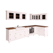 7 elemes fenyőfa konyhaszekrény tölgyfalappal, beépített kerámia kagylóval és csapteleppel.