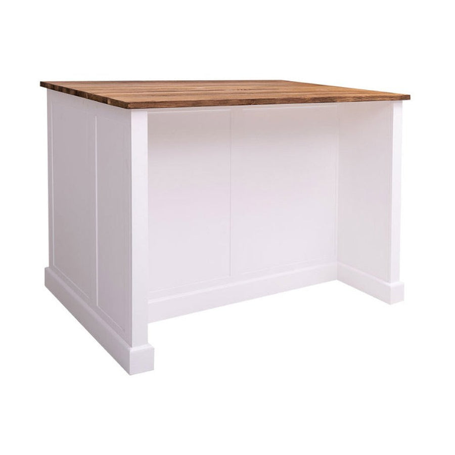 Fenyőfa konyhasziget reggelizőpulttal. Fehér és natúr színű.