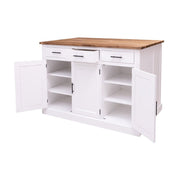 Fenyőfa konyhasziget reggelizőpulttal. Három fiók és polcos tároló.