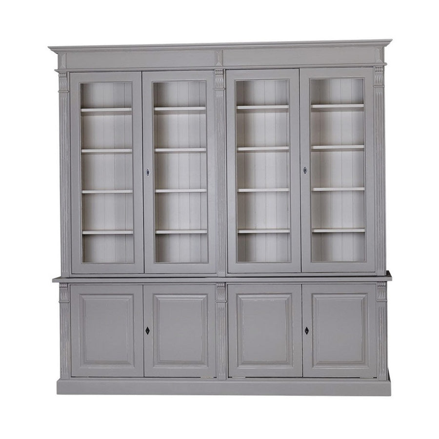 Prémium fenyőfa vitrin-könyvszekrény két darab kétszárnyú üveges ajtóval a felső részen, két darab kétszárnyú ajtóval az alsó részen. A bútor külső színe szürke, belül világos szürke.