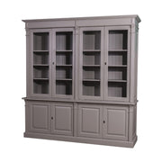 Prémium fenyőfa vitrin-könyvszekrény két darab kétszárnyú üveges ajtóval a felső részen, két darab kétszárnyú ajtóval az alsó részen. Színe: szürke.