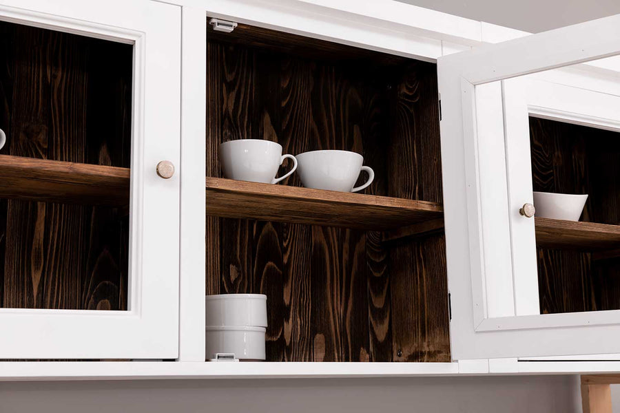 7 elemes fenyőfa konyhaszekrény fali, üveges konyhaszekrény elemei.