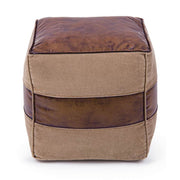Loft stílusú, kocka formájú újrahasznosított vászonból és bőrből készült puff.