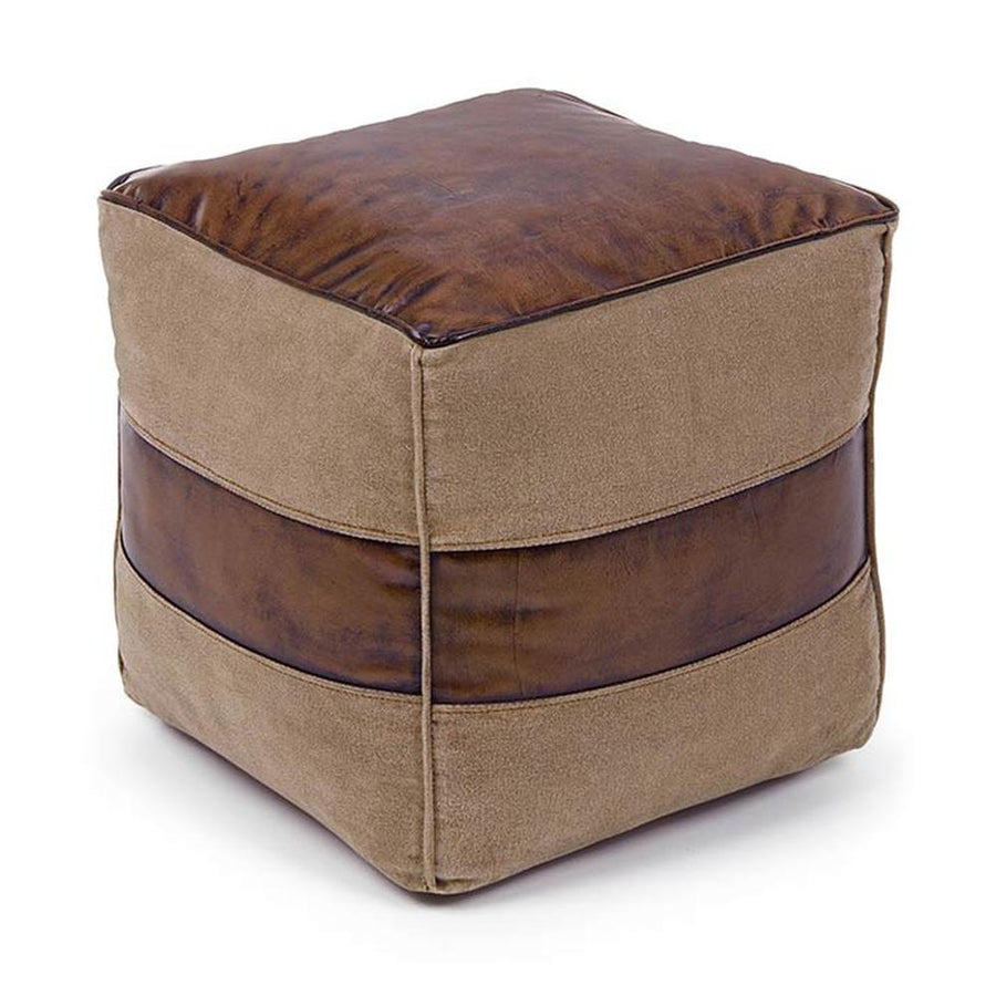 Loft stílusú, kocka formájú újrahasznosított vászonból és bőrből készült puff.