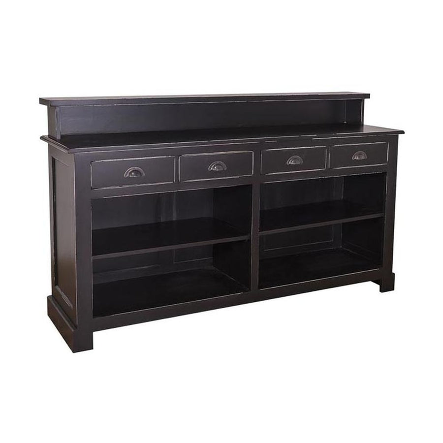 Nagyméretű, fenyőfa pult. A tárolásról négy polc, valamint négy fiók gondoskodik. Színe: antikolt fekete.