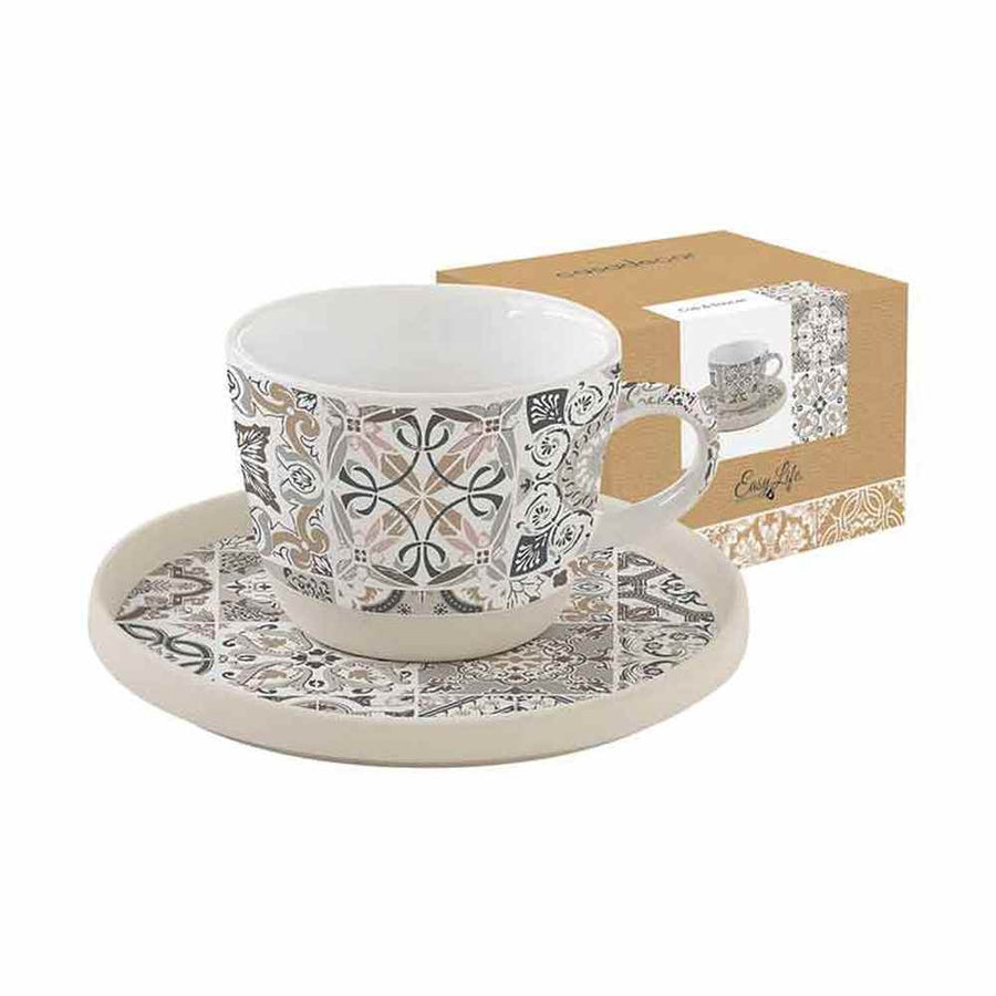 Mozaikmintás teáscsésze csészealjjal hozzá illő natúr színű díszdobozzal