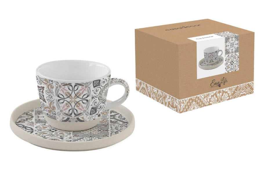 Mediterrán stílusú mozaikmintás porcelán teáscsésze csészealjjal díszdobozba csomagolva